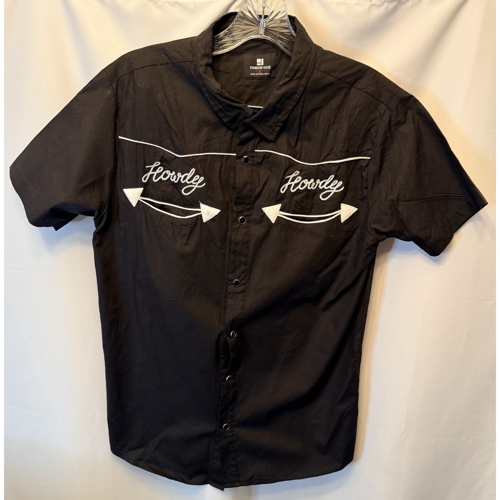 Standard Issue Men's Large Pearl Snap Short Sleeve Shirt Howdy Western Black